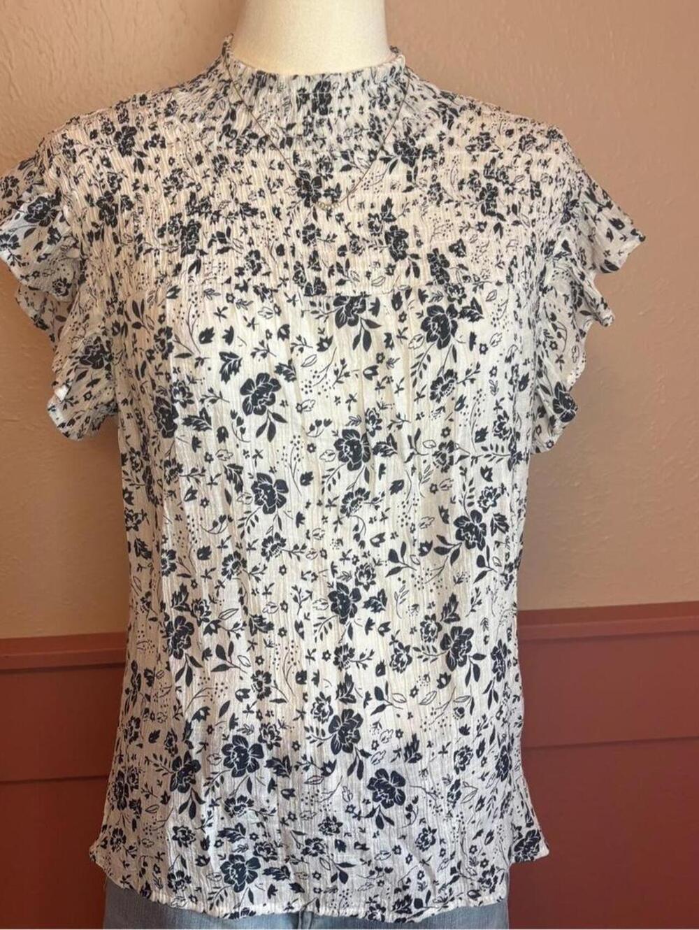 Adiva smocked floral mock neck top white blue boho chic